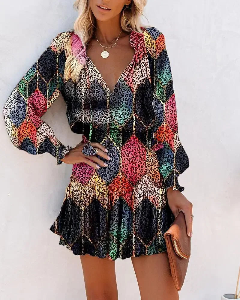 Colorful Floral Printed Drawstring Ruffle Miniskirt Robe