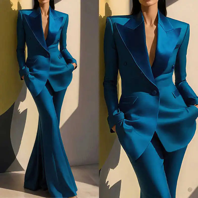 Elegant Women Suits 2 Pieces Blazer Pants Peaked Lapel Double-breasted