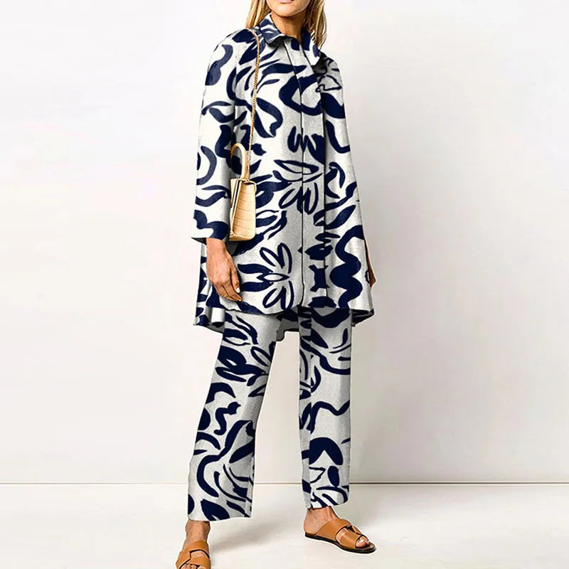 Elegant Loungewear Print 2PCS Ladies Suit Long Sleeve Wide Leg Pants Set
