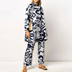 Elegant Loungewear Print 2PCS Ladies Suit Long Sleeve Wide Leg Pants Set