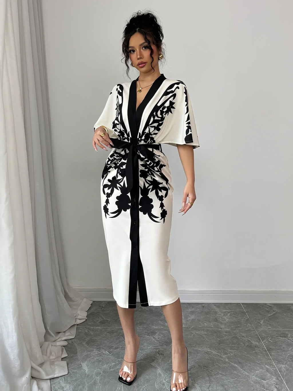 Half Sleeves V-Neck Tied Waist Flower Printed Evening Midi Dresses