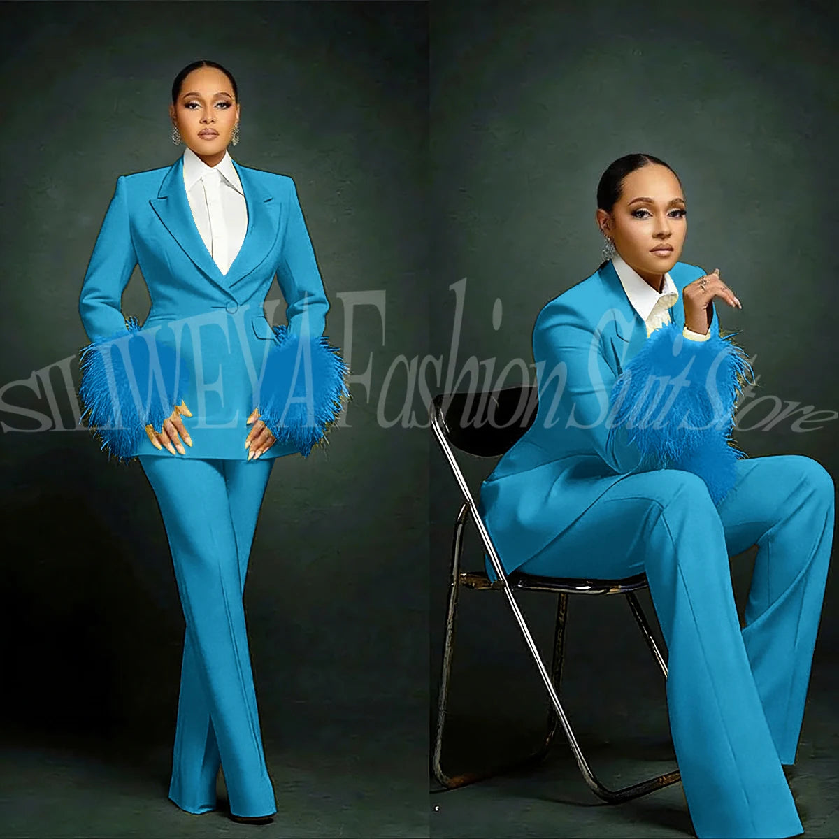 Luxury Feather Applique Single Breasted 2 Pieces Female Suit (Blazer+Pants)
