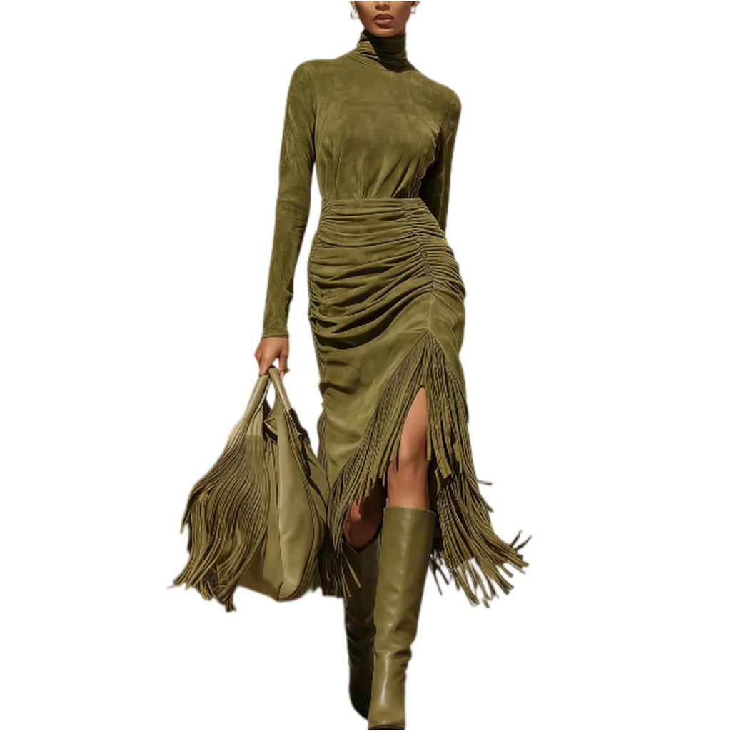 Midi Olive Velvet Turtleneck Ruched Fringe High-Slit Slim-Fit Dress