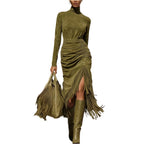 Midi Olive Velvet Turtleneck Ruched Fringe High-Slit Slim-Fit Dress