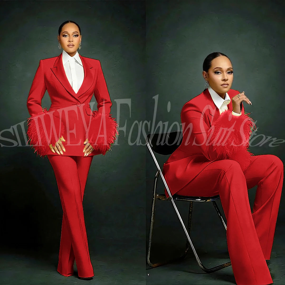 Luxury Feather Applique Single Breasted 2 Pieces Female Suit (Blazer+Pants)