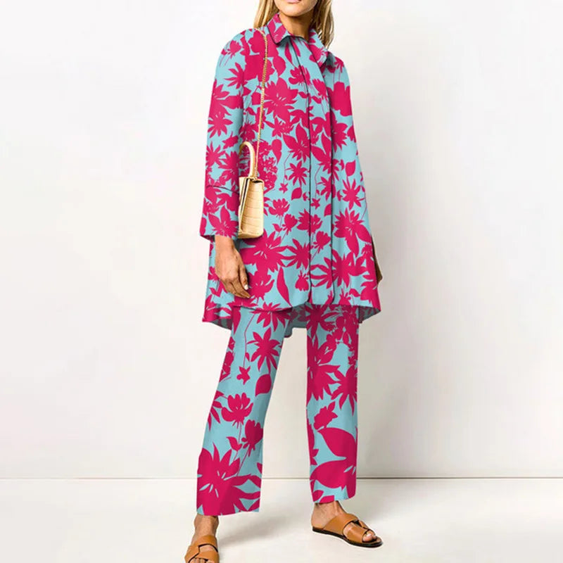 Elegant Loungewear Print 2PCS Ladies Suit Long Sleeve Wide Leg Pants Set