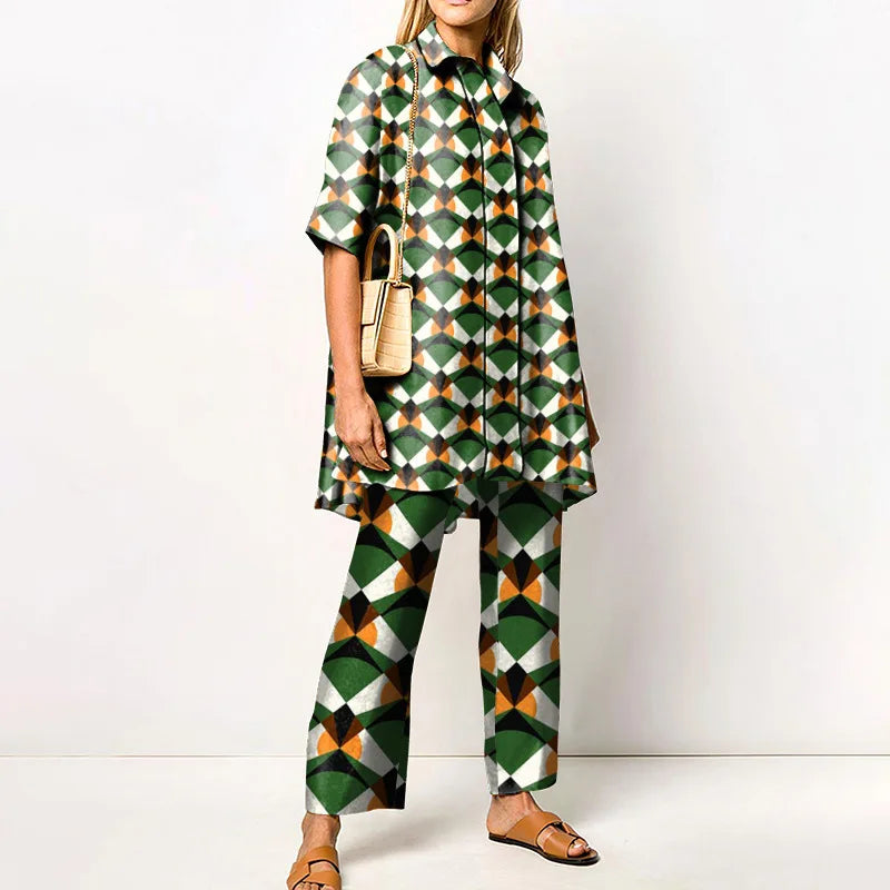 Elegant Loungewear Print 2PCS Ladies Suit Long Sleeve Wide Leg Pants Set