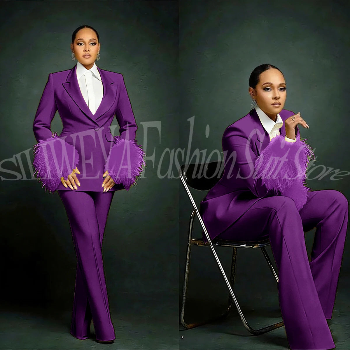 Luxury Feather Applique Single Breasted 2 Pieces Female Suit (Blazer+Pants)