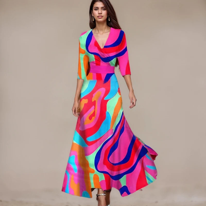 Fashion Colorful Print Wrap Party Dress Robe