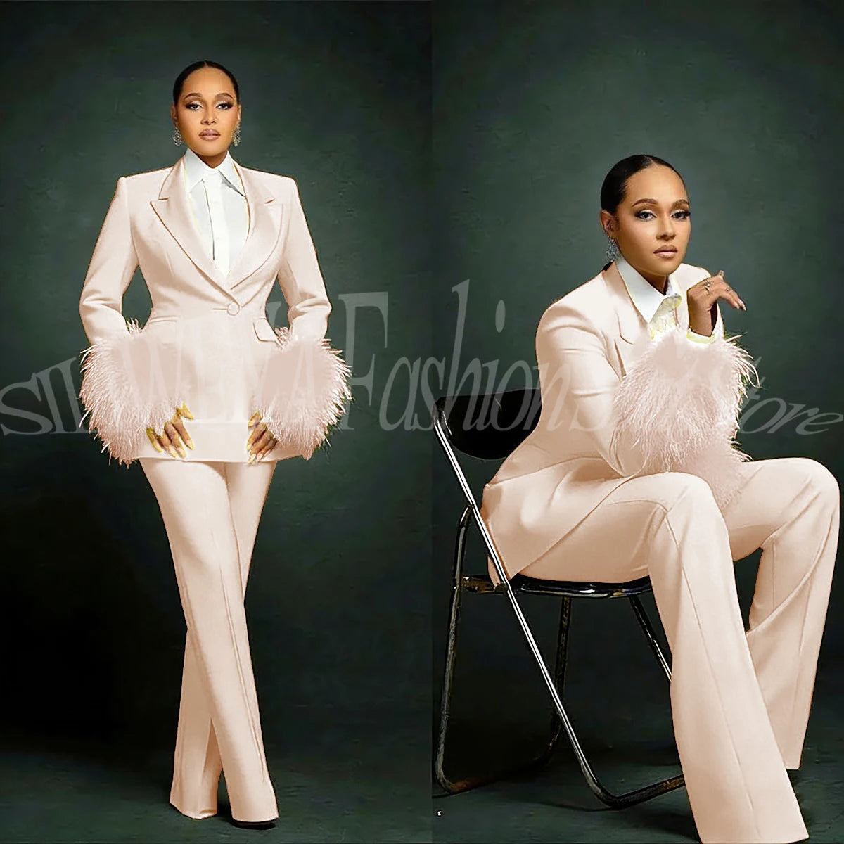 Luxury Feather Applique Single Breasted 2 Pieces Female Suit (Blazer+Pants)