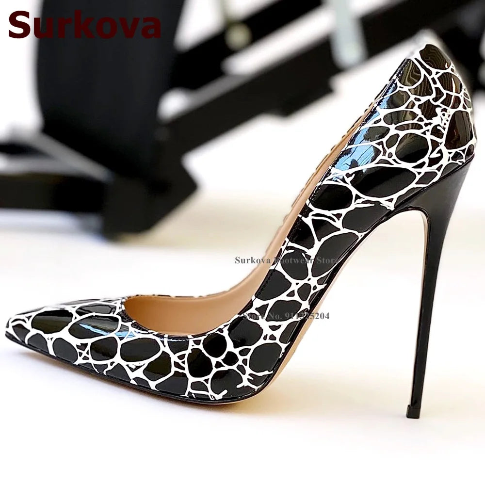 Black White Oval Shaped Printed Gladiator Heels