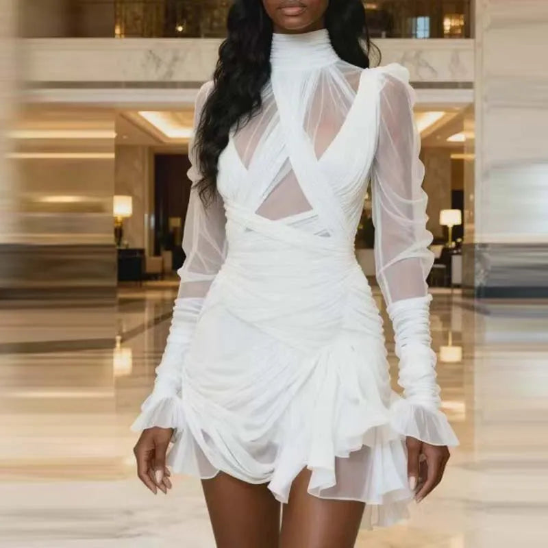 Fashion High Collar Draped Ruffle Mini Dress