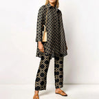 Elegant Loungewear Print 2PCS Ladies Suit Long Sleeve Wide Leg Pants Set