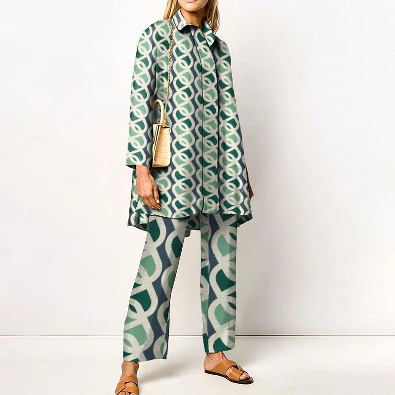 Elegant Loungewear Print 2PCS Ladies Suit Long Sleeve Wide Leg Pants Set