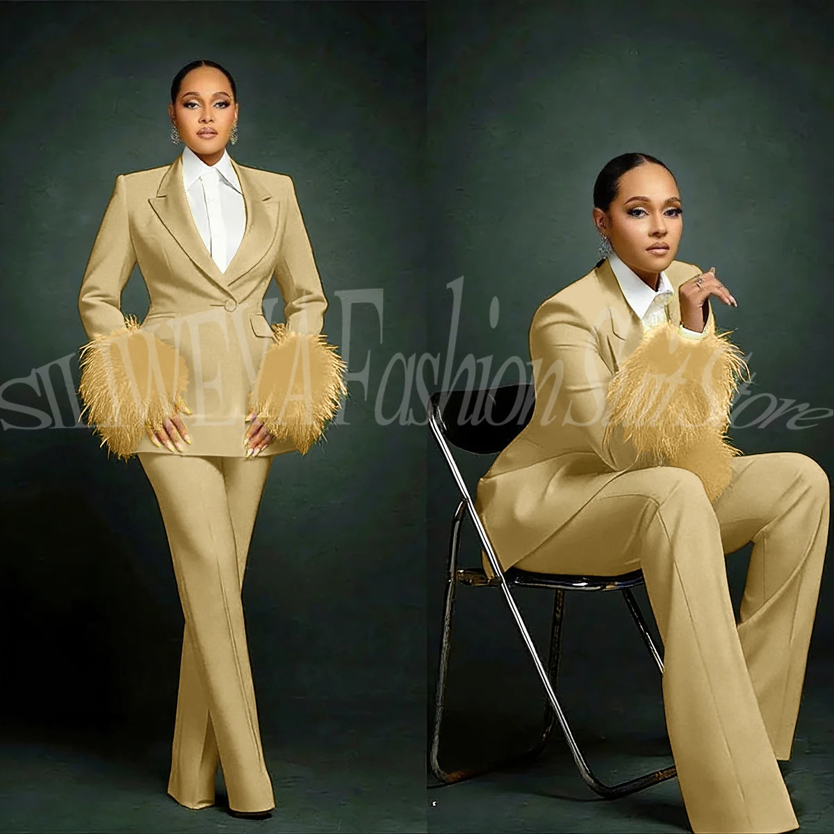 Luxury Feather Applique Single Breasted 2 Pieces Female Suit (Blazer+Pants)