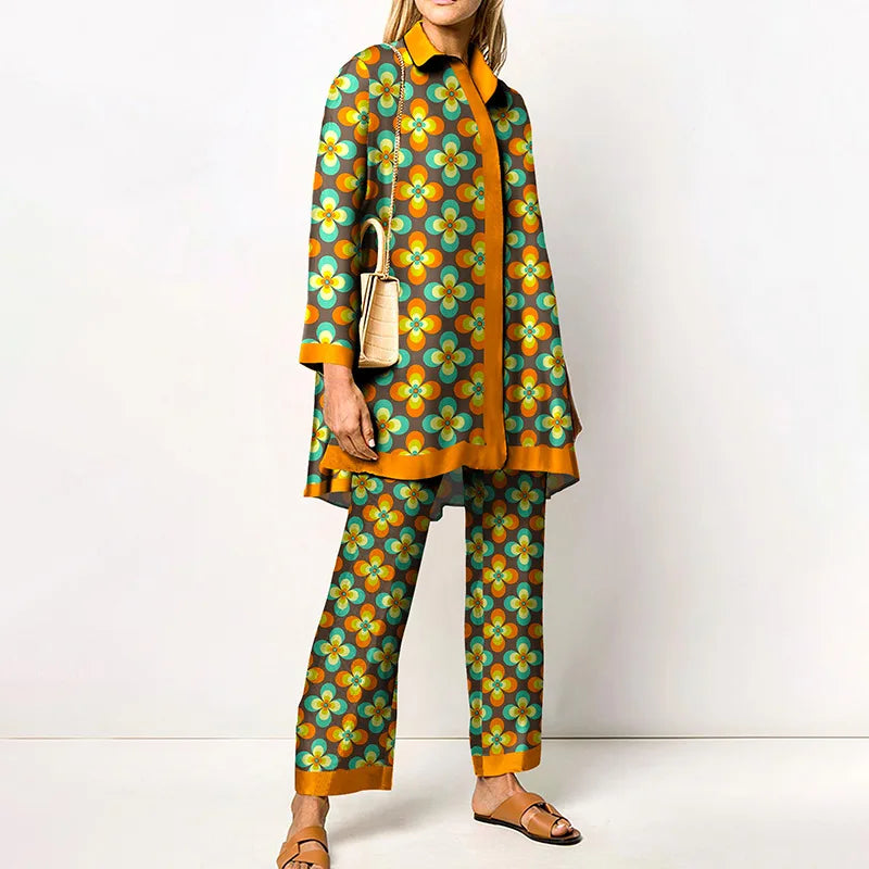 Elegant Loungewear Print 2PCS Ladies Suit Long Sleeve Wide Leg Pants Set