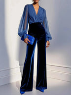Slim Fit Mesh Long-sleeved Jumpsuit Elegant Sexy Deep V-neck Jumpsuit