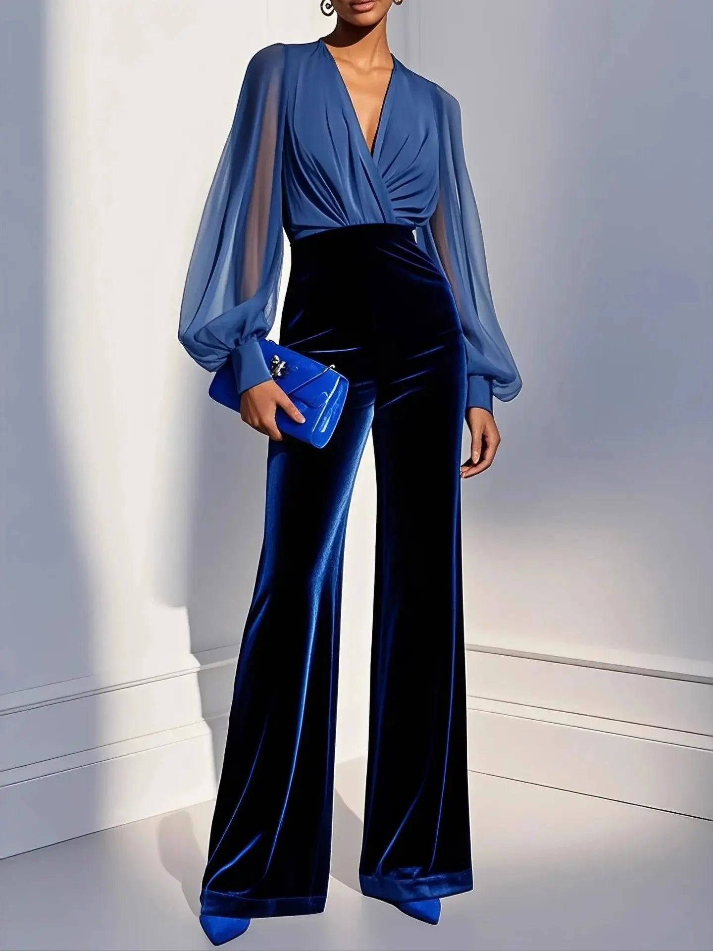 Slim Fit Mesh Long-sleeved Jumpsuit Elegant Sexy Deep V-neck Jumpsuit