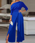 Cold Shoulder Split Hem Wide Leg Jumpsuit