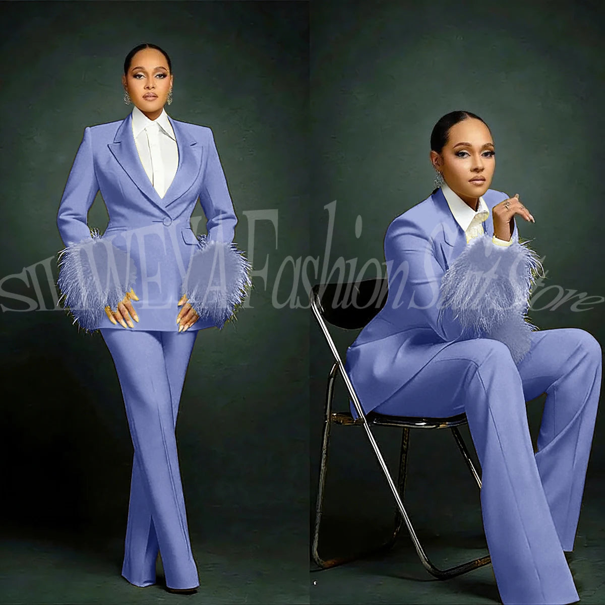 Luxury Feather Applique Single Breasted 2 Pieces Female Suit (Blazer+Pants)