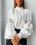 Lace Hook Flower Hollow Puff Sleeves Blouse