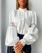 Lace Hook Flower Hollow Puff Sleeves Blouse