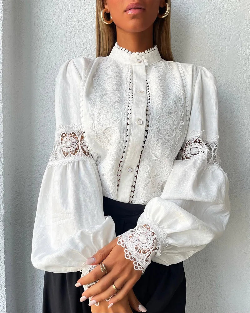 Lace Hook Flower Hollow Puff Sleeves Blouse