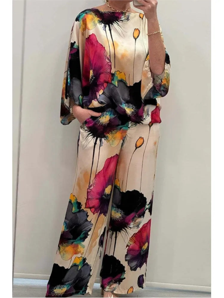 Satin Two Piece Sexy Top+Wide Leg Long Pants Outfits