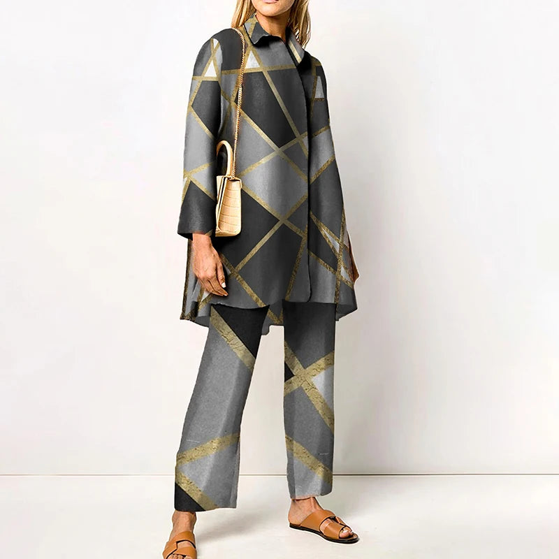 Elegant Loungewear Print 2PCS Ladies Suit Long Sleeve Wide Leg Pants Set