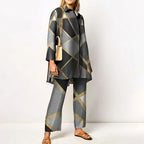 Elegant Loungewear Print 2PCS Ladies Suit Long Sleeve Wide Leg Pants Set