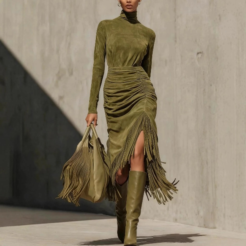 Midi Olive Velvet Turtleneck Ruched Fringe High-Slit Slim-Fit Dress