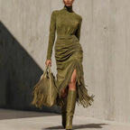 Midi Olive Velvet Turtleneck Ruched Fringe High-Slit Slim-Fit Dress
