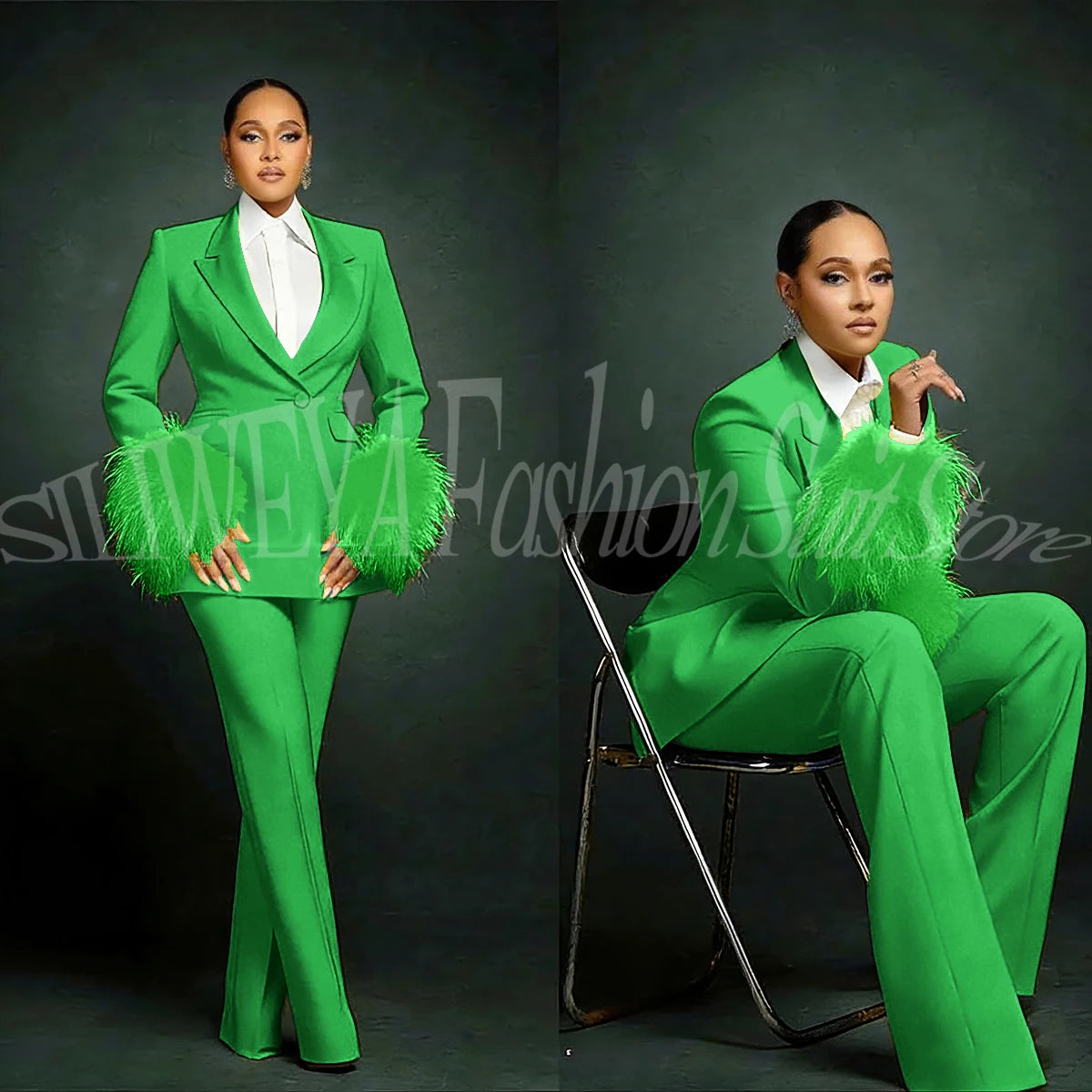 Luxury Feather Applique Single Breasted 2 Pieces Female Suit (Blazer+Pants)