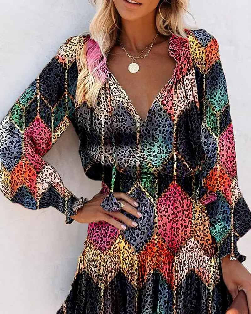 Colorful Floral Printed Drawstring Ruffle Miniskirt Robe