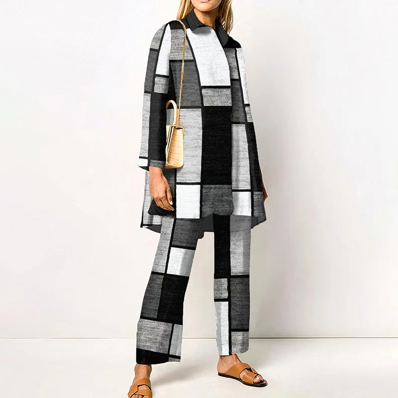Elegant Loungewear Print 2PCS Ladies Suit Long Sleeve Wide Leg Pants Set