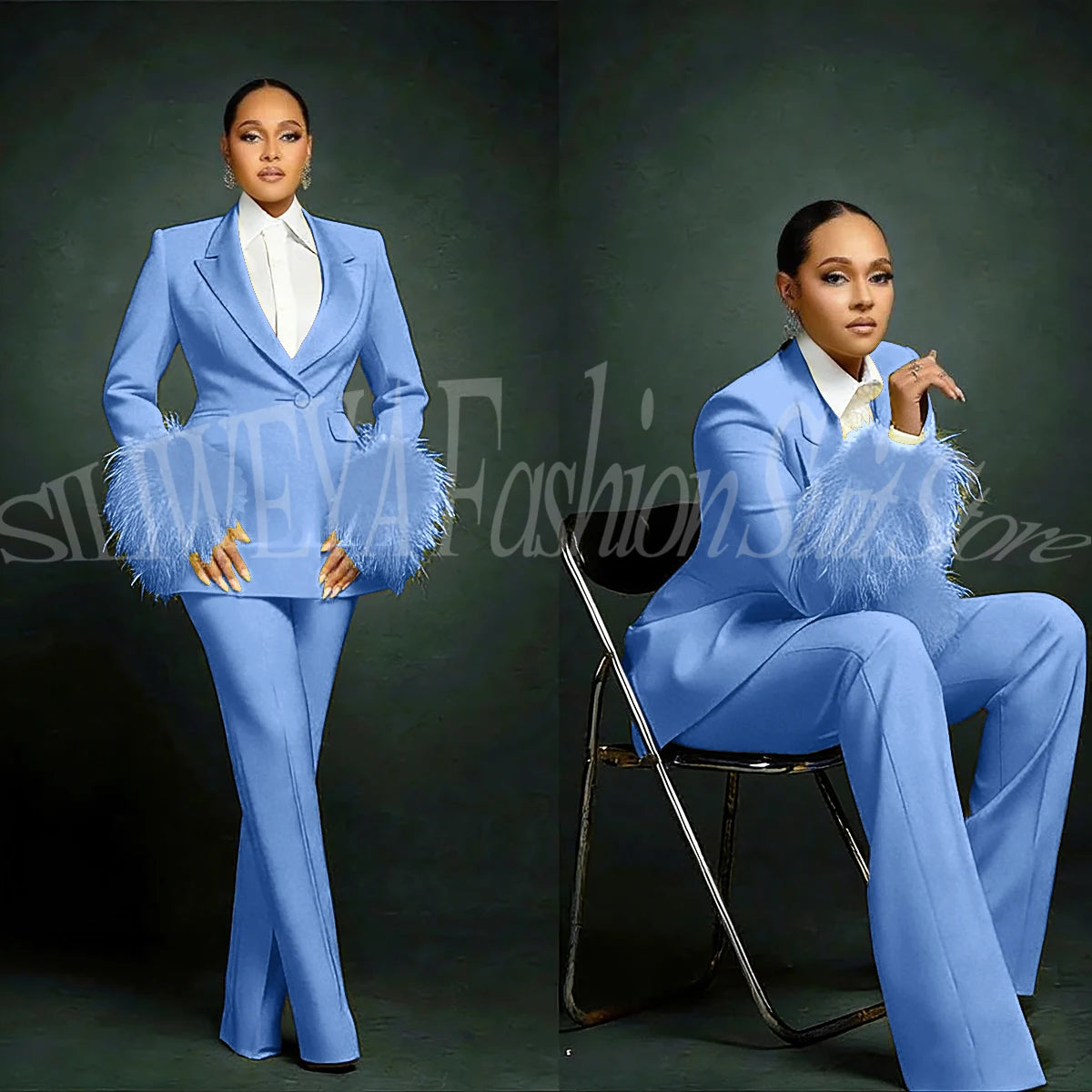 Luxury Feather Applique Single Breasted 2 Pieces Female Suit (Blazer+Pants)