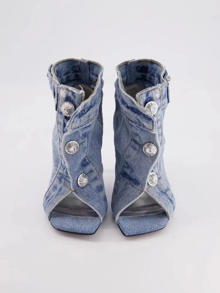 Catwalk High Heel Denim Square Toe Boots