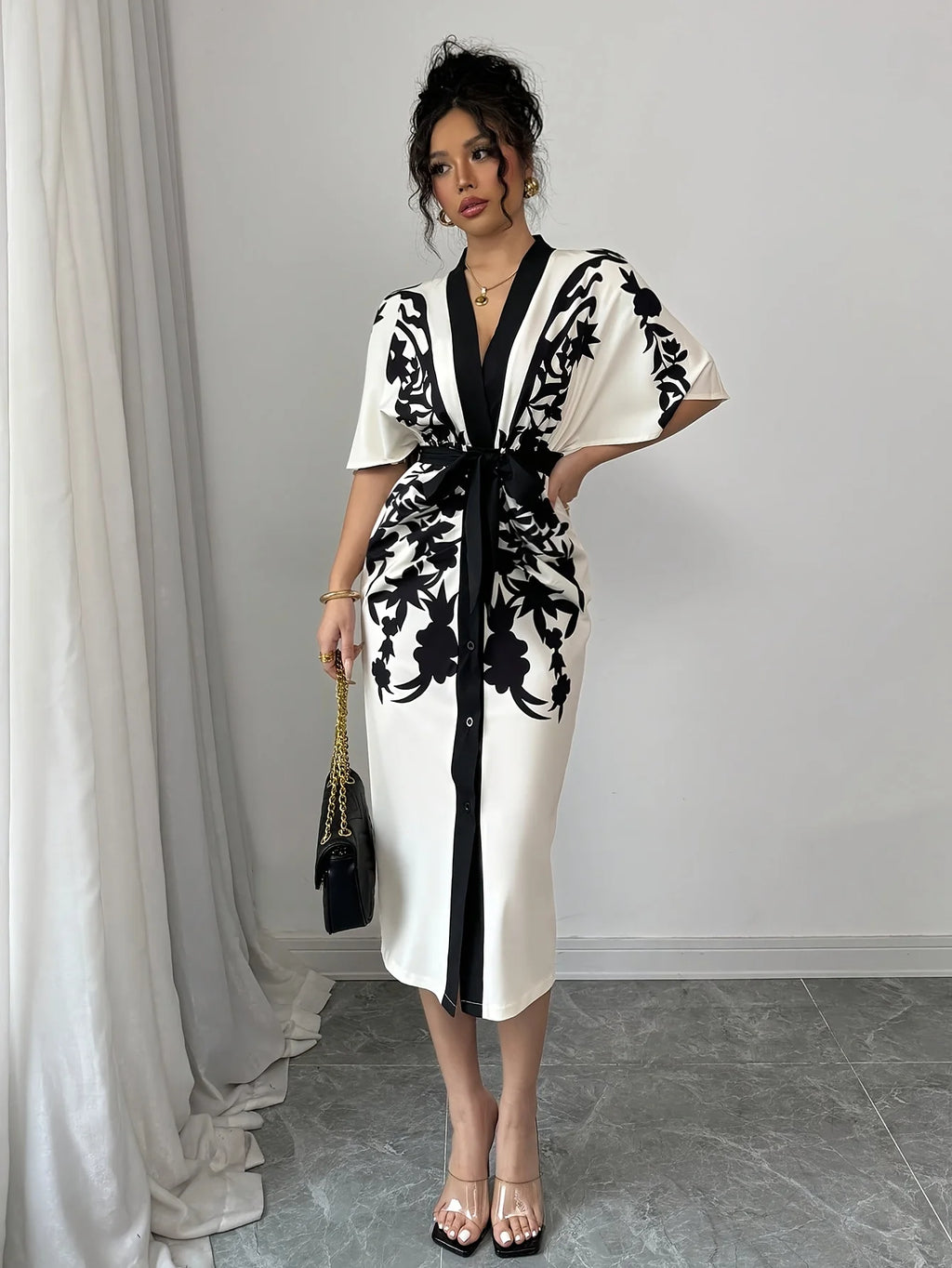 Half Sleeves V-Neck Tied Waist Flower Printed Evening Midi Dresses