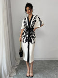 Half Sleeves V-Neck Tied Waist Flower Printed Evening Midi Dresses