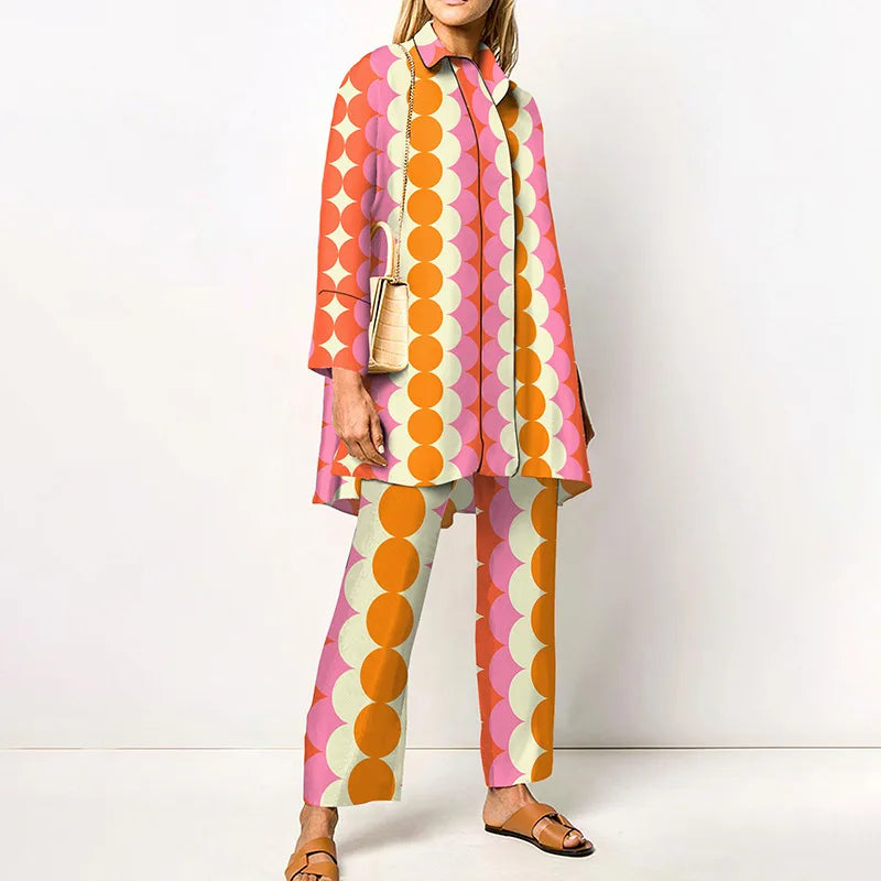 Elegant Loungewear Print 2PCS Ladies Suit Long Sleeve Wide Leg Pants Set