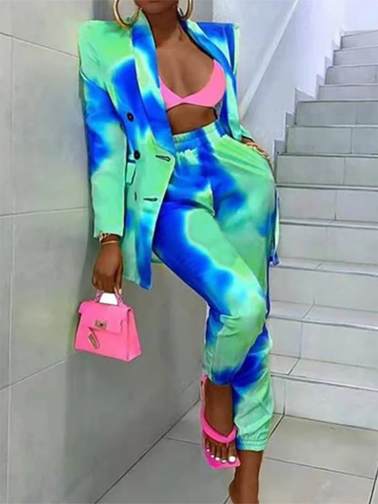 Elegant Blazers Tops Pencil Pants Single Breasted Retro Print Two Piece Sets