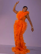 Stunning Orange Ruffle Tulle Evening Pleated Tiered Formal Gown