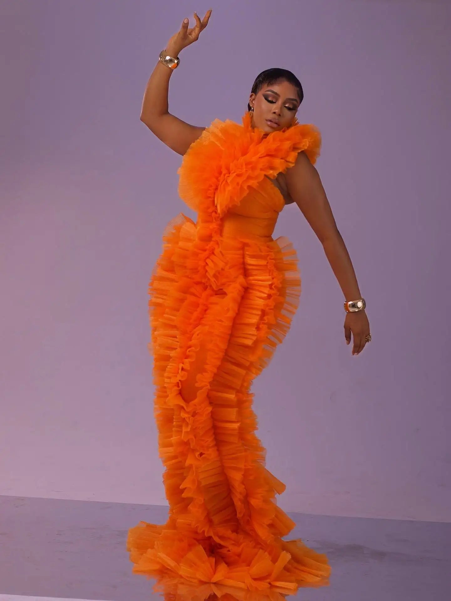 Stunning Orange Ruffle Tulle Evening Pleated Tiered Formal Gown