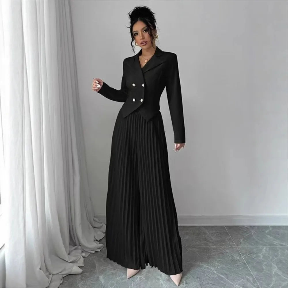 Fashion Pleated Trousers Two-piece Women's Suit Short Top Suit