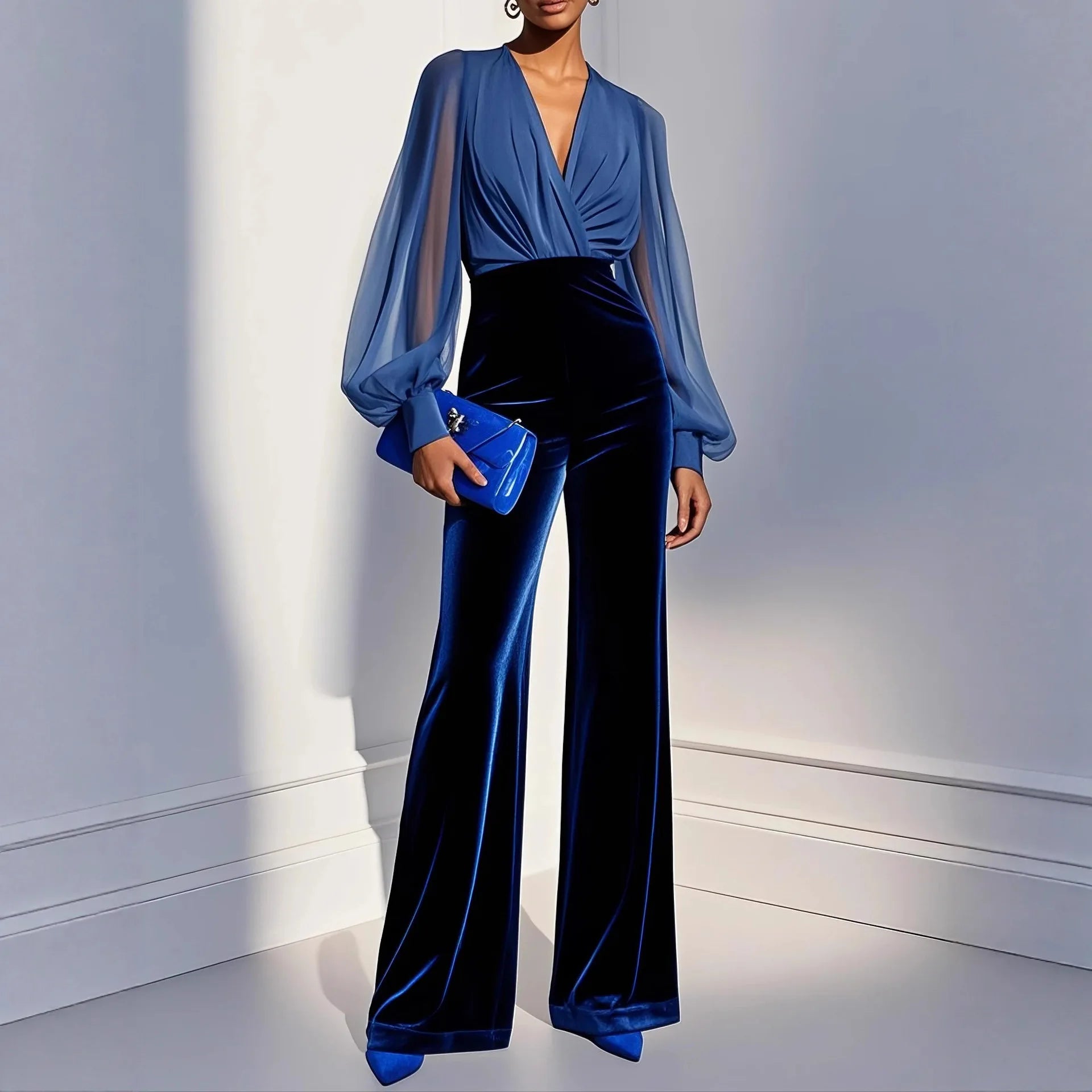 Slim Fit Mesh Long-sleeved Jumpsuit Elegant Sexy Deep V-neck Jumpsuit