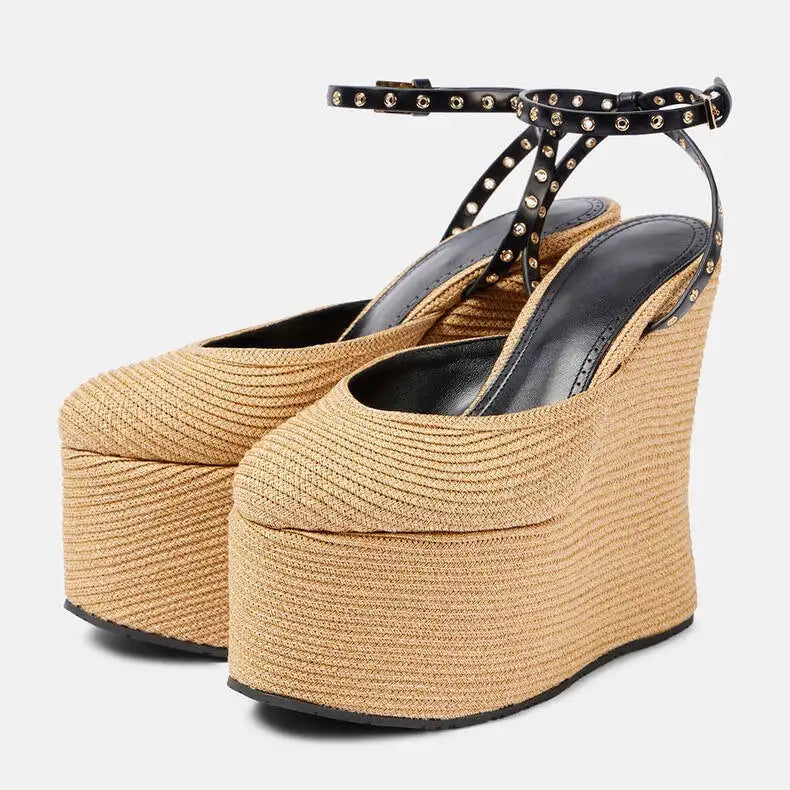 Grass Woven Wedge Heel Thick Soled High Heels Sandals