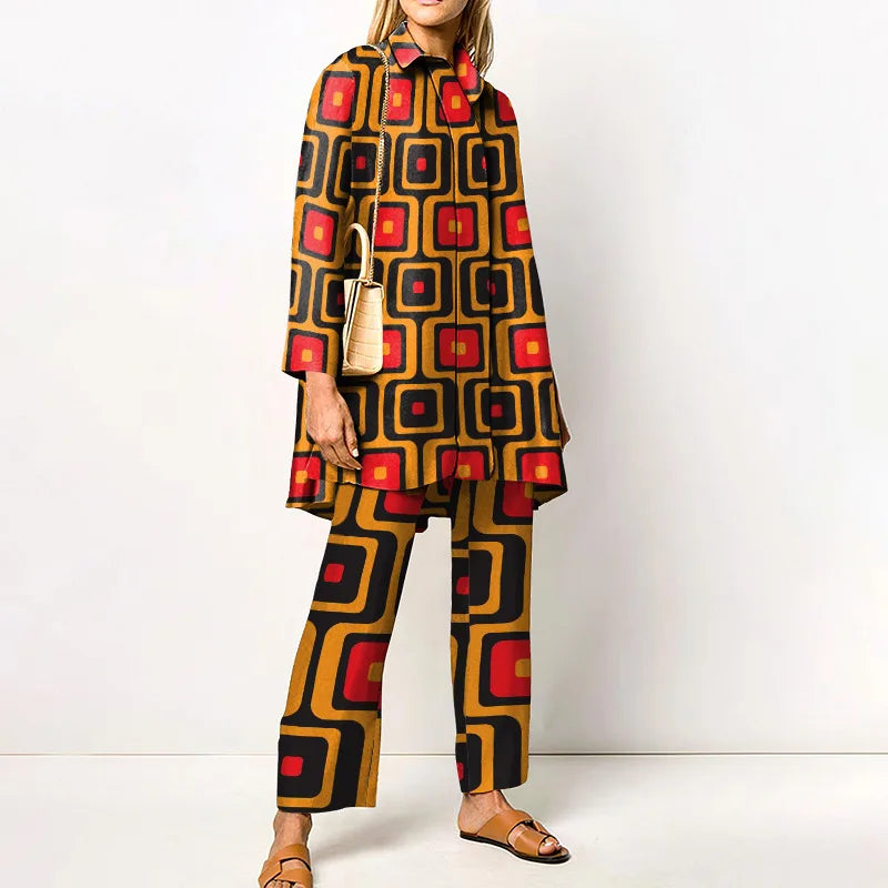 Elegant Loungewear Print 2PCS Ladies Suit Long Sleeve Wide Leg Pants Set