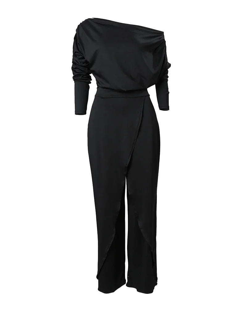 Cold Shoulder Split Hem Wide Leg Jumpsuit
