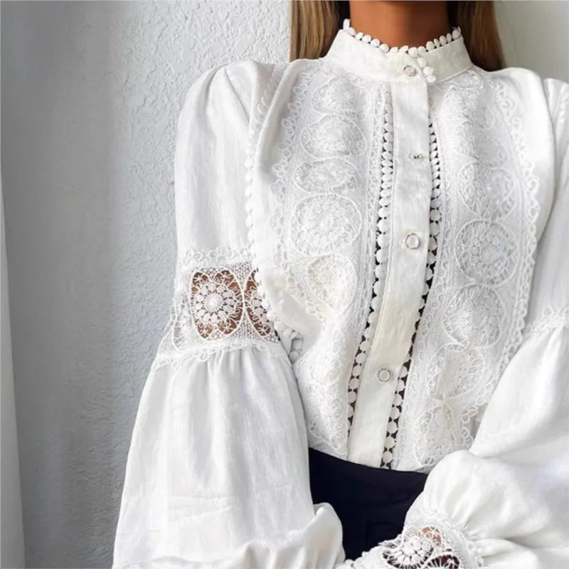 Lace Hook Flower Hollow Puff Sleeves Blouse