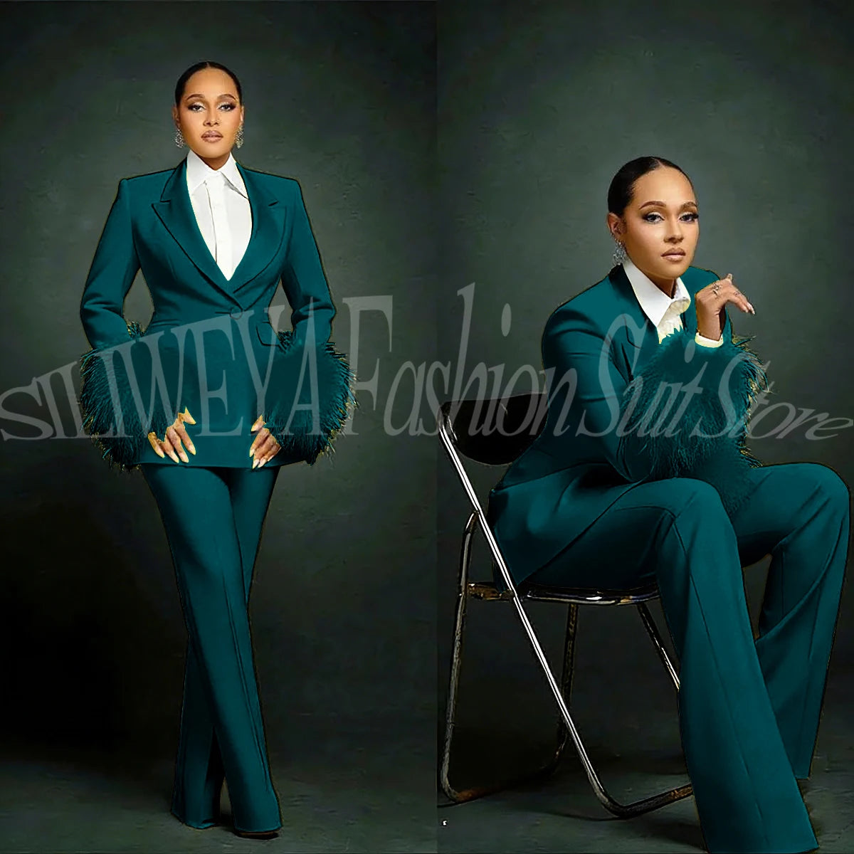 Luxury Feather Applique Single Breasted 2 Pieces Female Suit (Blazer+Pants)